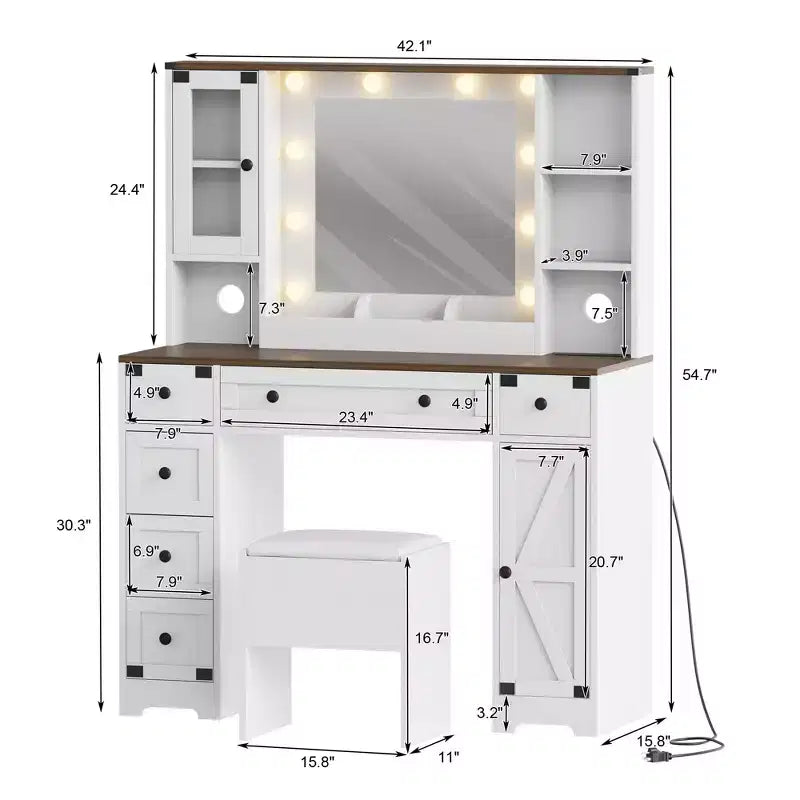 GustoWave Makeup Vanity and Stool, Vanity Desk with Lights, White Vanity Table with Charging Station, 6 Drawers and Cabinets