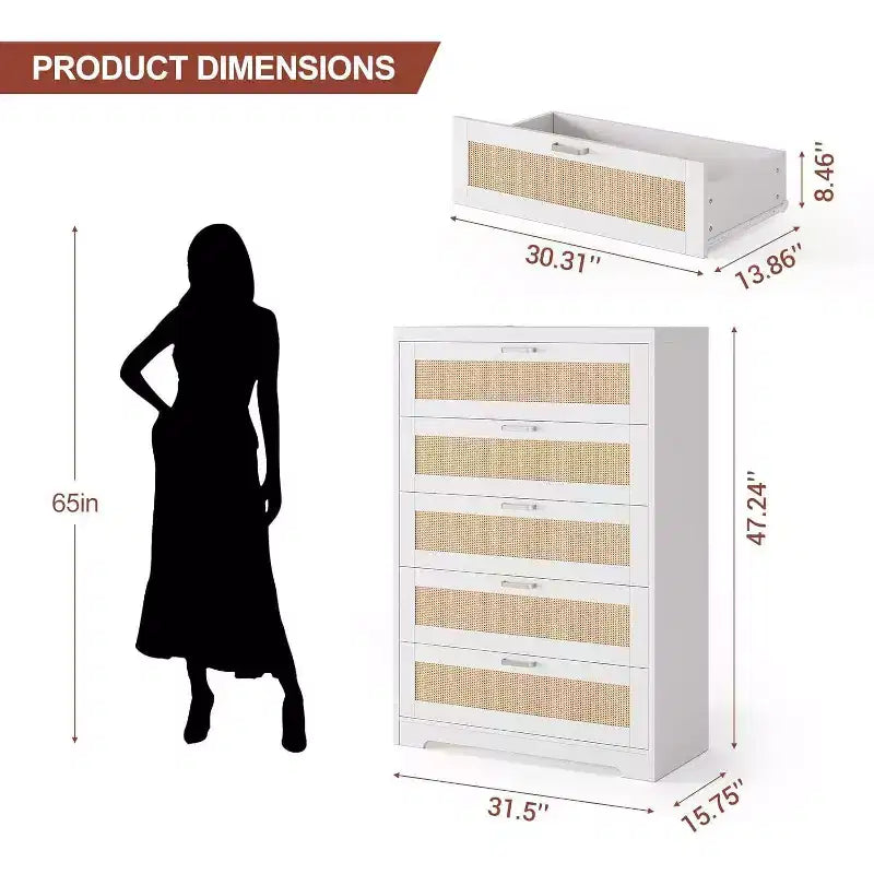 47 Rattan 5-Drawer Dresser - Tall Storage Chest for Bedroom & Living Room