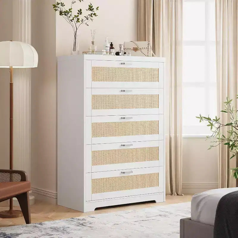 47 Rattan 5-Drawer Dresser - Tall Storage Chest for Bedroom & Living Room