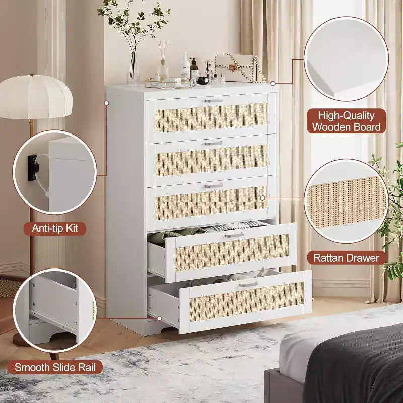 47 Rattan 5-Drawer Dresser - Tall Storage Chest for Bedroom & Living Room
