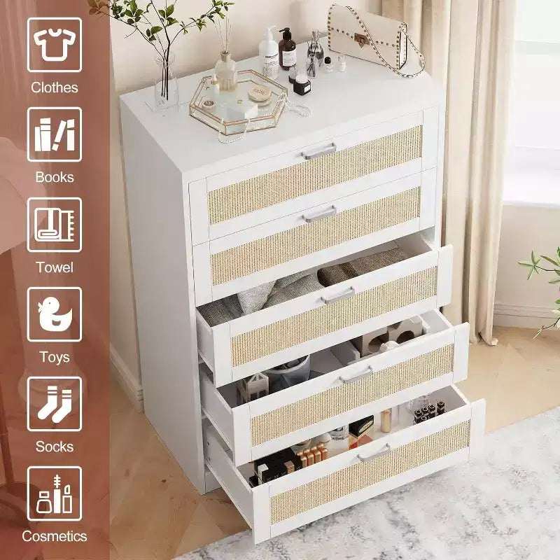 47 Rattan 5-Drawer Dresser - Tall Storage Chest for Bedroom & Living Room