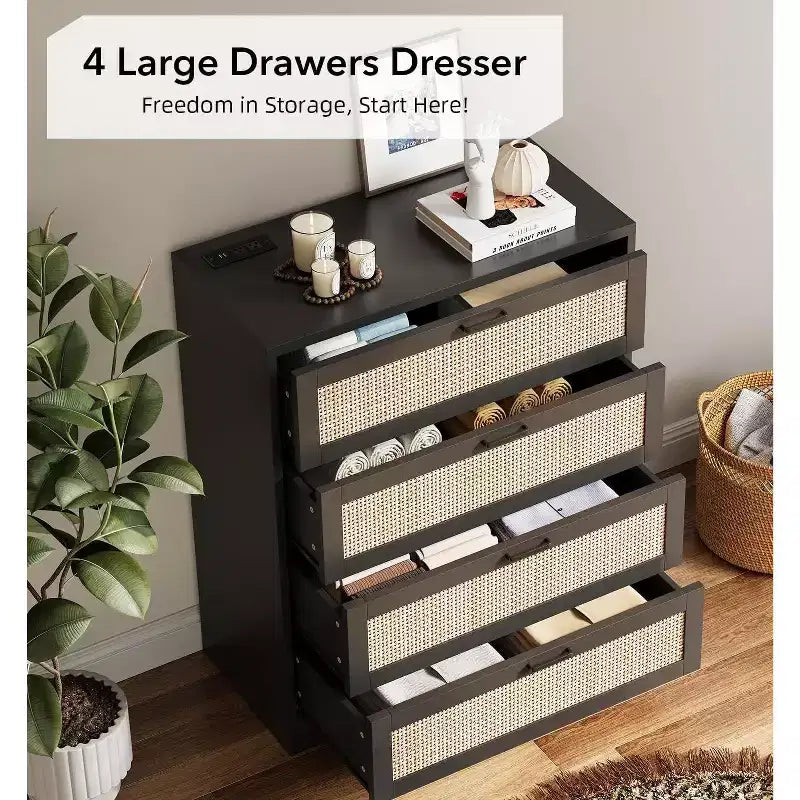 47 Rattan 5-Drawer Dresser - Tall Storage Chest for Bedroom & Living Room