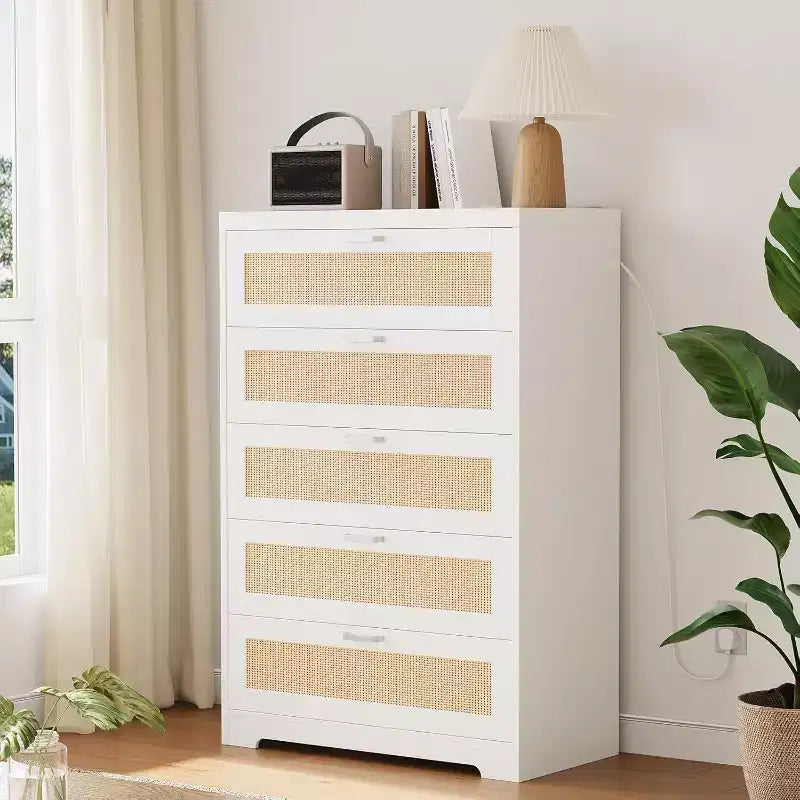 47 Rattan 5-Drawer Dresser - Tall Storage Chest for Bedroom & Living Room