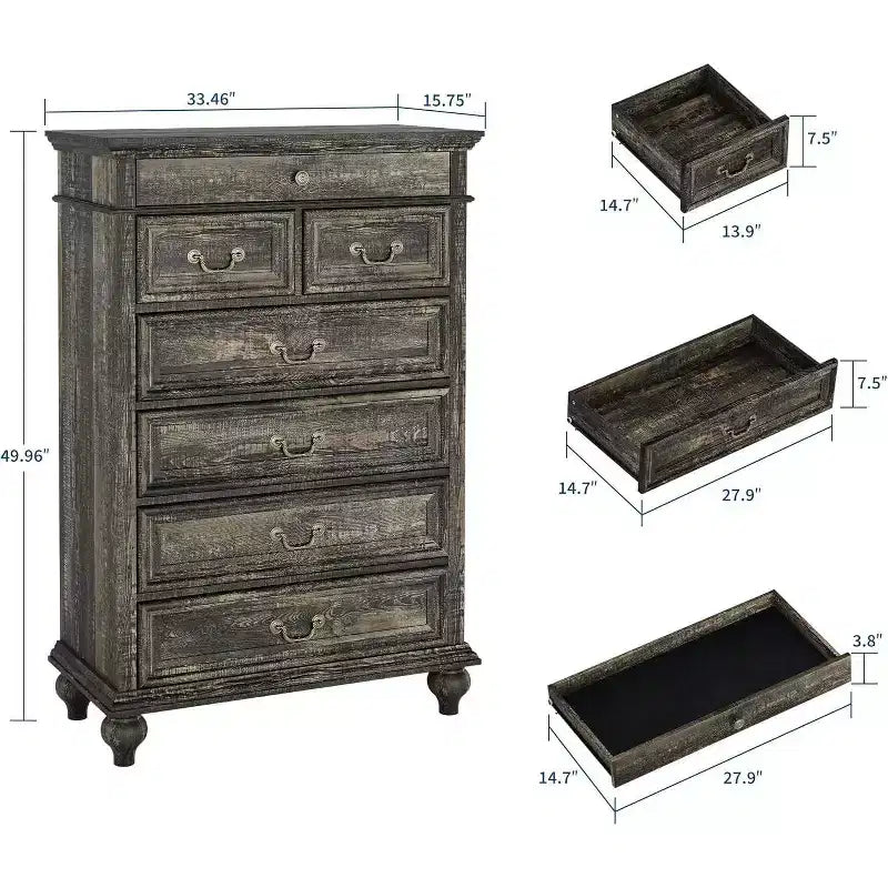 50 Rustic Farmhouse 7-Drawer Dresser - Jewelry Storage Chest for Bedroom & Living