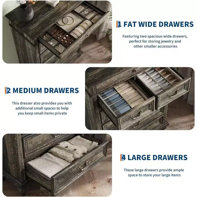 50 Rustic Farmhouse 7-Drawer Dresser - Jewelry Storage Chest for Bedroom & Living