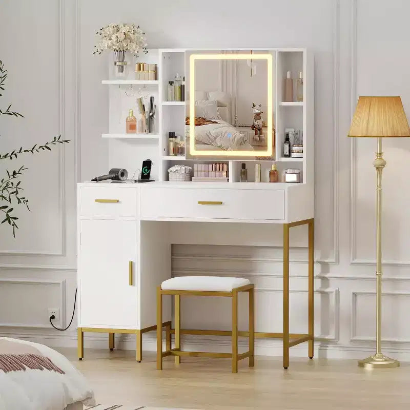 Bedroom Dressing Table with Lamp and Power Socket , Wooden Dressing Table with 2 Drawers, 9 Open Shelves, 2 Cabinets, Cushion and Stool