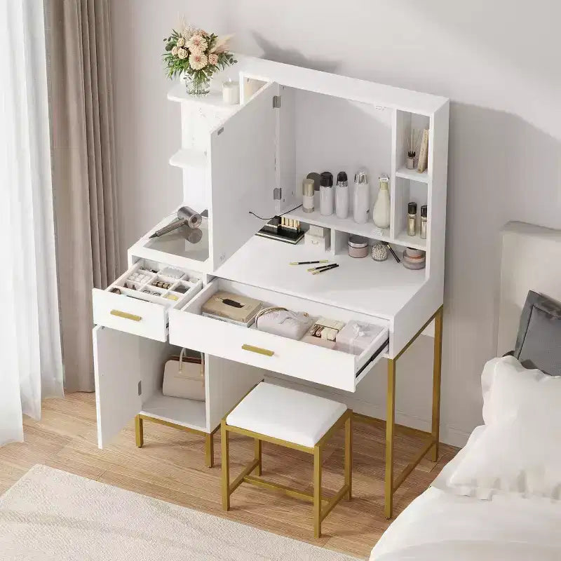 Bedroom Dressing Table with Lamp and Power Socket , Wooden Dressing Table with 2 Drawers, 9 Open Shelves, 2 Cabinets, Cushion and Stool
