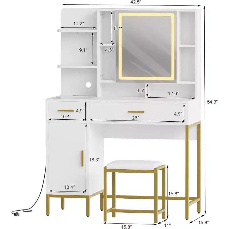 Bedroom Dressing Table with Lamp and Power Socket , Wooden Dressing Table with 2 Drawers, 9 Open Shelves, 2 Cabinets, Cushion and Stool