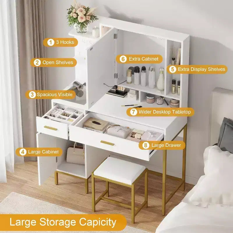 Bedroom Dressing Table with Lamp and Power Socket , Wooden Dressing Table with 2 Drawers, 9 Open Shelves, 2 Cabinets, Cushion and Stool