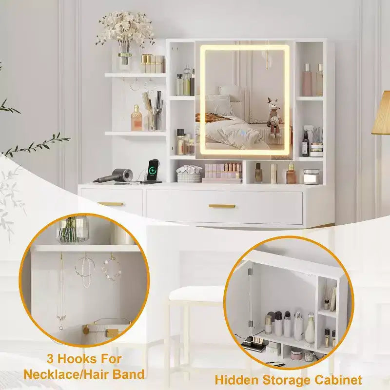 Bedroom Dressing Table with Lamp and Power Socket , Wooden Dressing Table with 2 Drawers, 9 Open Shelves, 2 Cabinets, Cushion and Stool