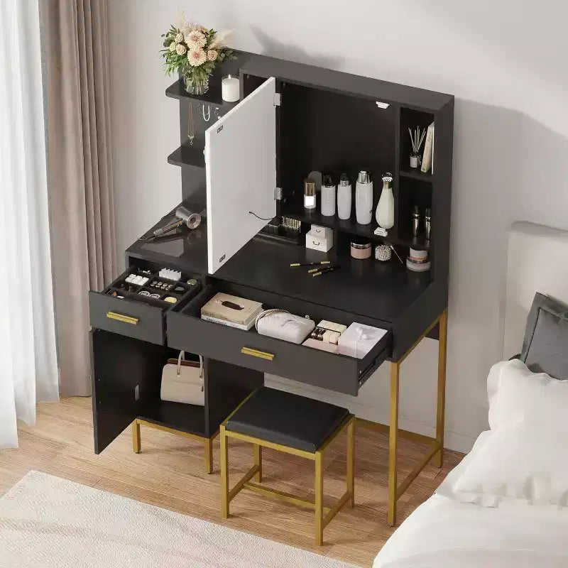 Bedroom Dressing Table with Lamp and Power Socket , Wooden Dressing Table with 2 Drawers, 9 Open Shelves, 2 Cabinets, Cushion and Stool