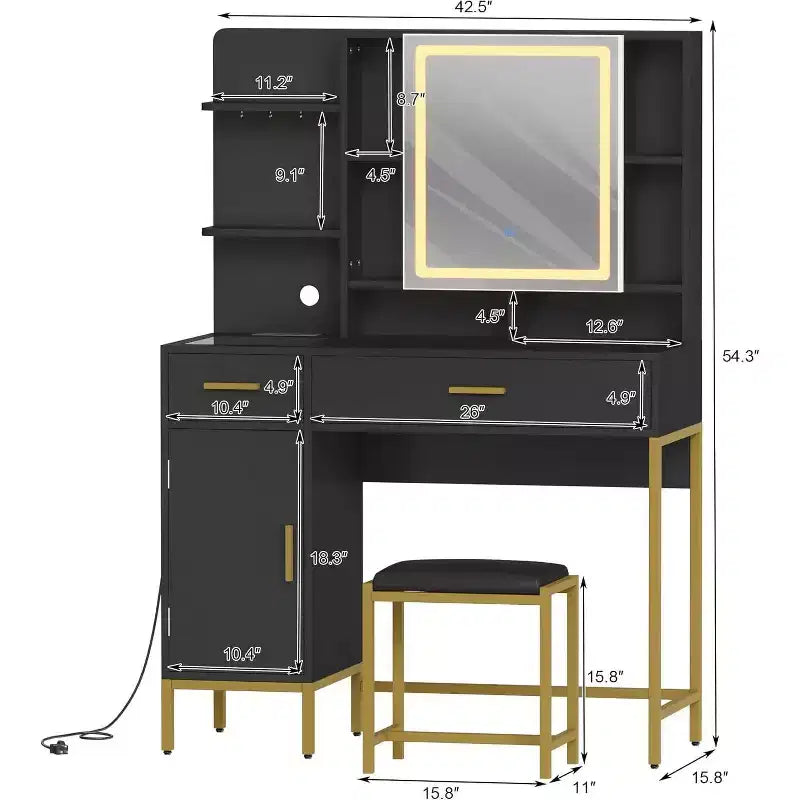 Bedroom Dressing Table with Lamp and Power Socket , Wooden Dressing Table with 2 Drawers, 9 Open Shelves, 2 Cabinets, Cushion and Stool