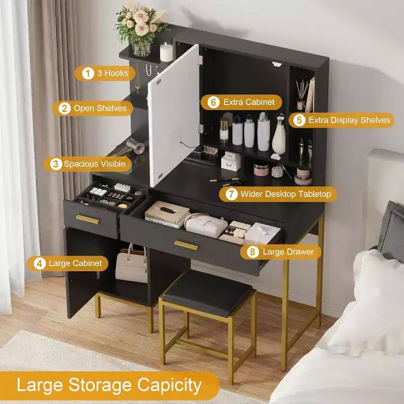 Bedroom Dressing Table with Lamp and Power Socket , Wooden Dressing Table with 2 Drawers, 9 Open Shelves, 2 Cabinets, Cushion and Stool