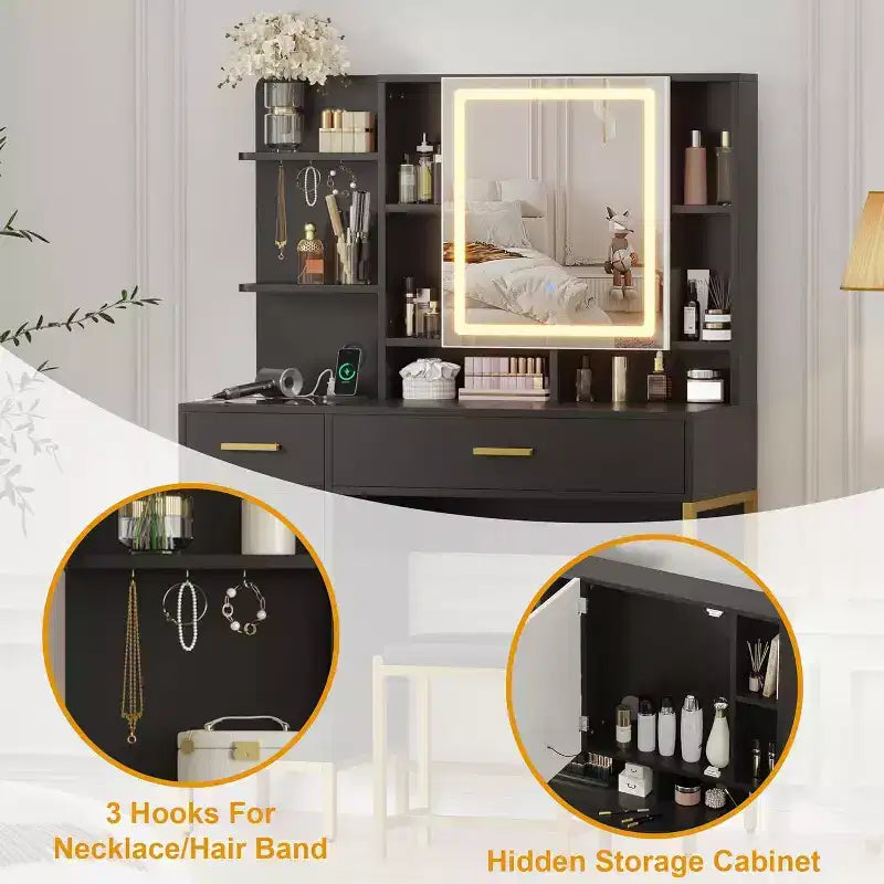 Bedroom Dressing Table with Lamp and Power Socket , Wooden Dressing Table with 2 Drawers, 9 Open Shelves, 2 Cabinets, Cushion and Stool