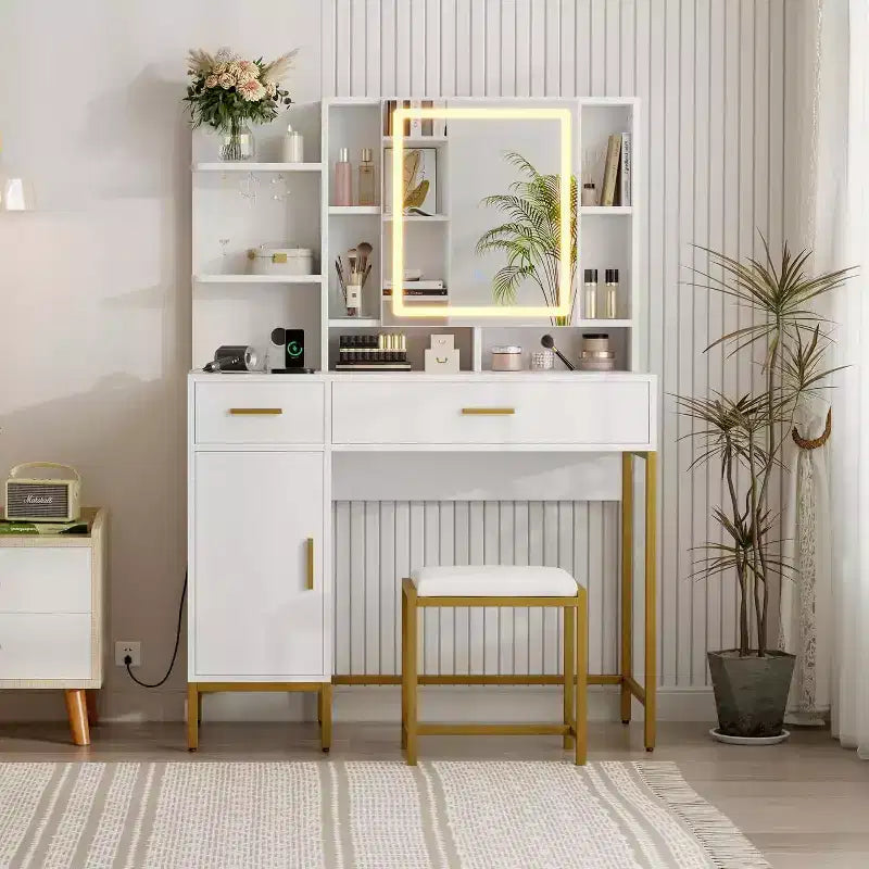 Bedroom Dressing Table with Lamp and Power Socket , Wooden Dressing Table with 2 Drawers, 9 Open Shelves, 2 Cabinets, Cushion and Stool