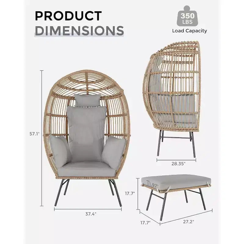 Acekool Oversized Egg Chair with Ottoman, PE Rattan Patio Lounge Chair with Cushions, Indoor Outdoor Seating for Garden & Living Room