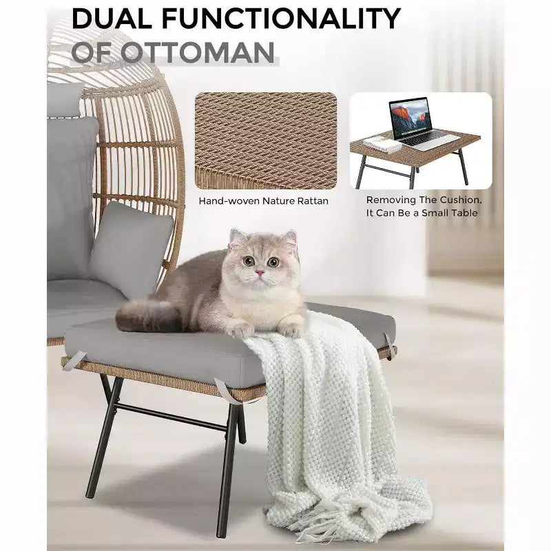 Acekool Oversized Egg Chair with Ottoman, PE Rattan Patio Lounge Chair with Cushions, Indoor Outdoor Seating for Garden & Living Room