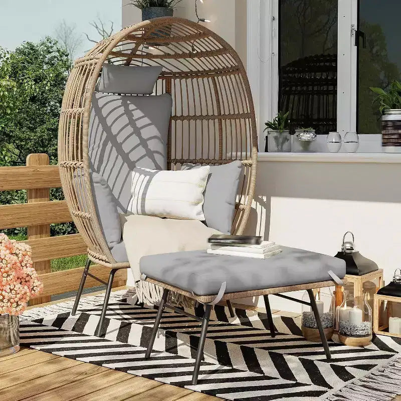 Acekool Oversized Egg Chair with Ottoman, PE Rattan Patio Lounge Chair with Cushions, Indoor Outdoor Seating for Garden & Living Room