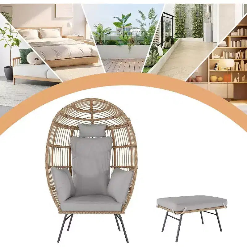 Acekool Oversized Egg Chair with Ottoman, PE Rattan Patio Lounge Chair with Cushions, Indoor Outdoor Seating for Garden & Living Room