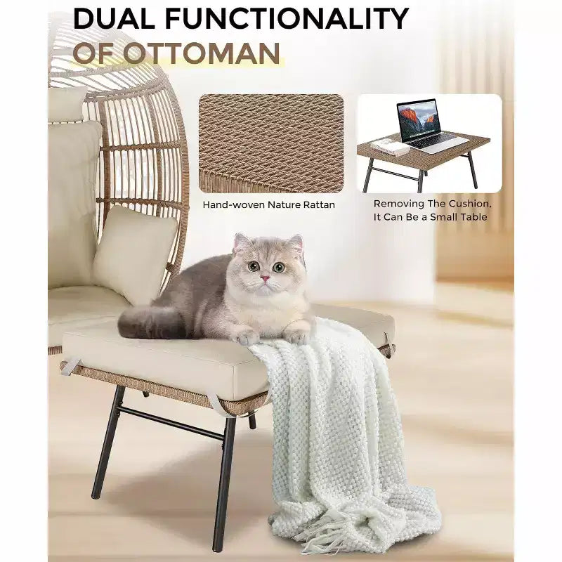 Acekool Oversized Egg Chair with Ottoman, PE Rattan Patio Lounge Chair with Cushions, Indoor Outdoor Seating for Garden & Living Room