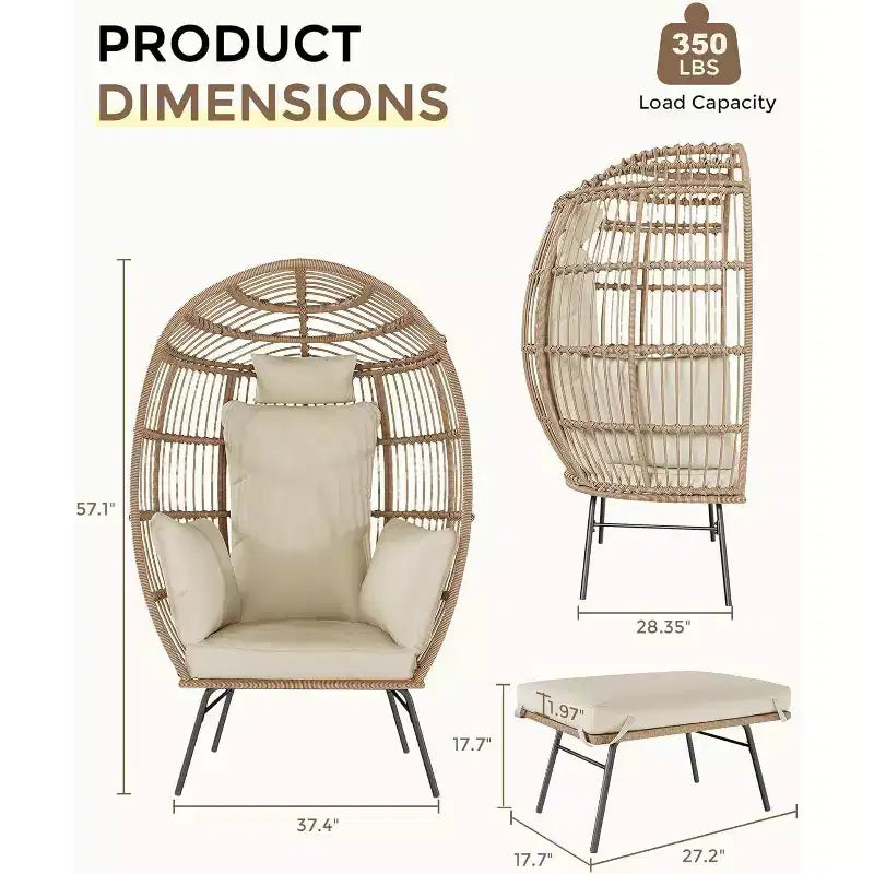 Acekool Oversized Egg Chair with Ottoman, PE Rattan Patio Lounge Chair with Cushions, Indoor Outdoor Seating for Garden & Living Room