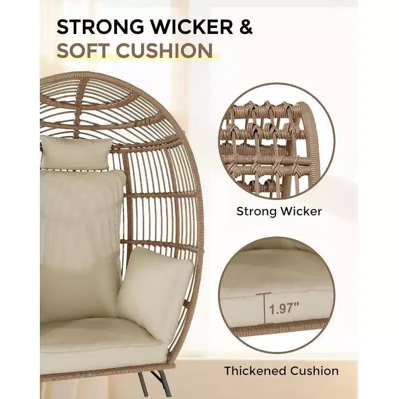 Acekool Oversized Egg Chair with Ottoman, PE Rattan Patio Lounge Chair with Cushions, Indoor Outdoor Seating for Garden & Living Room