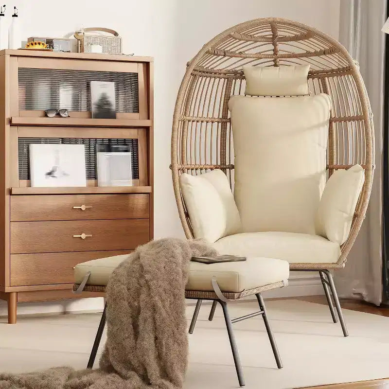 Acekool Oversized Egg Chair with Ottoman, PE Rattan Patio Lounge Chair with Cushions, Indoor Outdoor Seating for Garden & Living Room