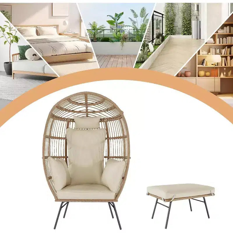 Acekool Oversized Egg Chair with Ottoman, PE Rattan Patio Lounge Chair with Cushions, Indoor Outdoor Seating for Garden & Living Room