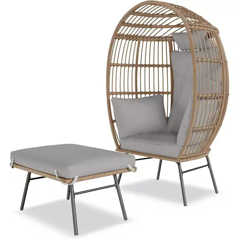 Acekool Oversized Egg Chair with Ottoman, PE Rattan Patio Lounge Chair with Cushions, Indoor Outdoor Seating for Garden & Living Room