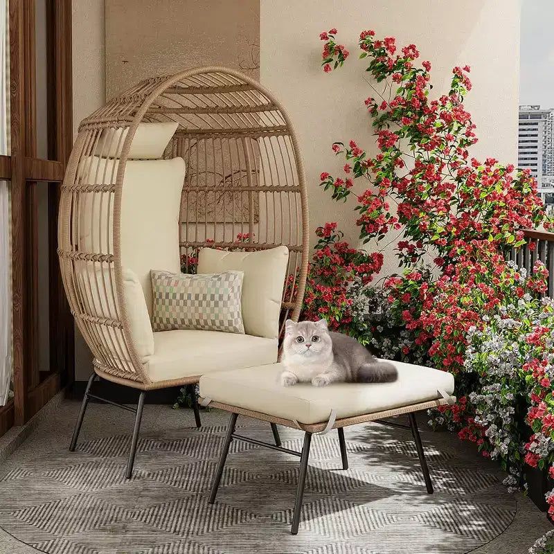 Acekool Oversized Egg Chair with Ottoman, PE Rattan Patio Lounge Chair with Cushions, Indoor Outdoor Seating for Garden & Living Room