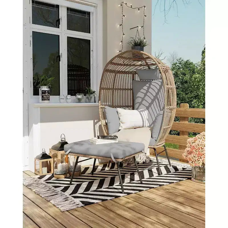 Acekool Oversized Egg Chair with Ottoman, PE Rattan Patio Lounge Chair with Cushions, Indoor Outdoor Seating for Garden & Living Room