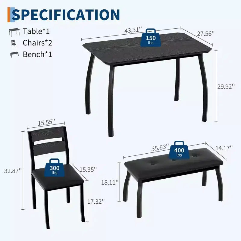 Coolmee Dining Table Set for 4, Kitchen Table with Upholstered Bench and 2 Chairs, 4 Piece Dining Furniture Set for Small Space, Apartment