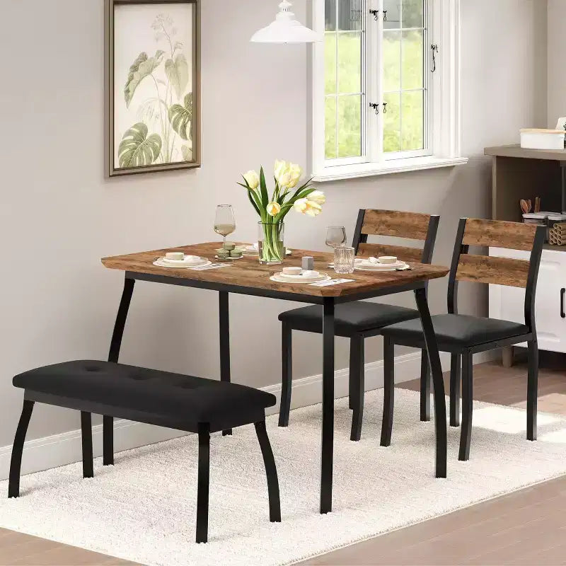 Coolmee Dining Table Set for 4, Kitchen Table with Upholstered Bench and 2 Chairs, 4 Piece Dining Furniture Set for Small Space, Apartment