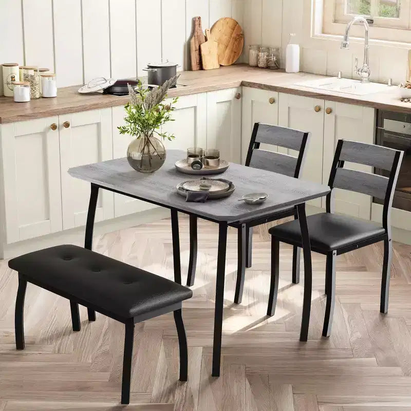 Coolmee Dining Table Set for 4, Kitchen Table with Upholstered Bench and 2 Chairs, 4 Piece Dining Furniture Set for Small Space, Apartment
