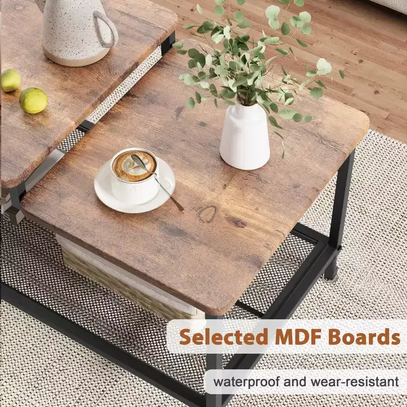 GustoWave Small Wood Coffee Table, 2-Tier Center Table with Mesh Shelf Storage for Living Room, Bedroom, Office, Rustic Brown