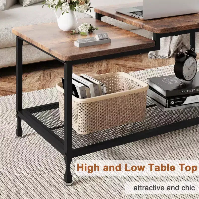 GustoWave Small Wood Coffee Table, 2-Tier Center Table with Mesh Shelf Storage for Living Room, Bedroom, Office, Rustic Brown