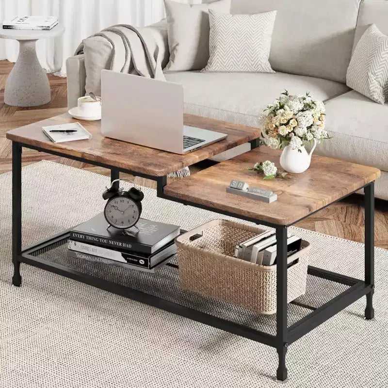 GustoWave Small Wood Coffee Table, 2-Tier Center Table with Mesh Shelf Storage for Living Room, Bedroom, Office, Rustic Brown