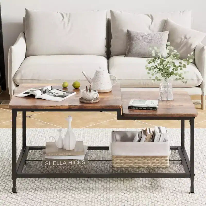 GustoWave Small Wood Coffee Table, 2-Tier Center Table with Mesh Shelf Storage for Living Room, Bedroom, Office, Rustic Brown