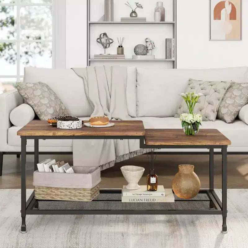 GustoWave Small Wood Coffee Table, 2-Tier Center Table with Mesh Shelf Storage for Living Room, Bedroom, Office, Rustic Brown