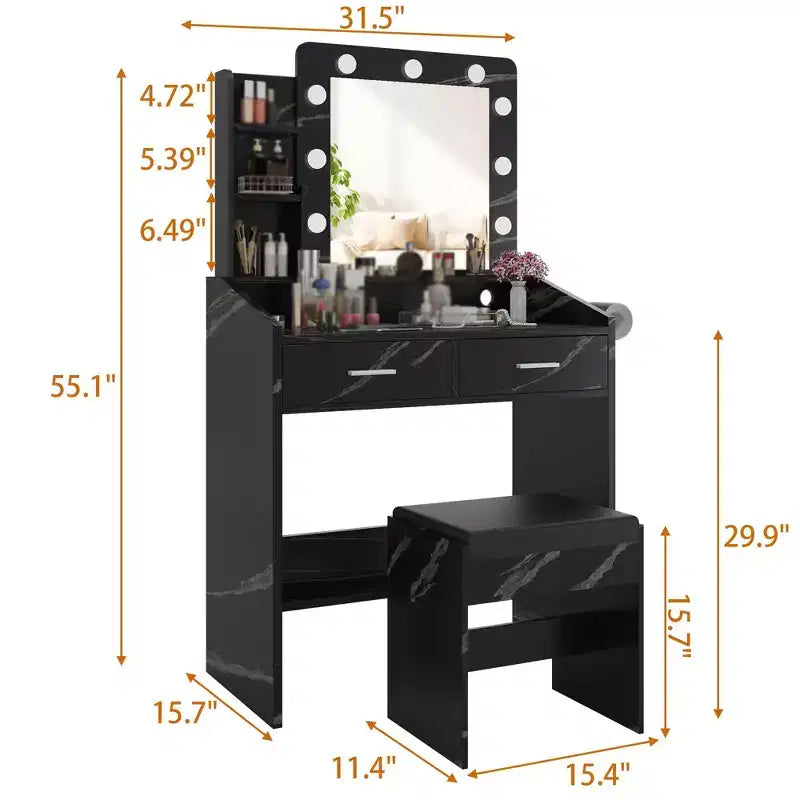 Makeup Vanity with Lights, Vanity Desk with Mirror and Lights Set, Large Drawer and Two-Tier Lots Storage Cabinet, 3 Lighting Modes