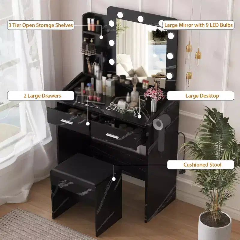 Makeup Vanity with Lights, Vanity Desk with Mirror and Lights Set, Large Drawer and Two-Tier Lots Storage Cabinet, 3 Lighting Modes