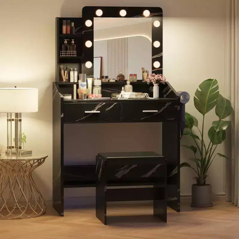 Makeup Vanity with Lights, Vanity Desk with Mirror and Lights Set, Large Drawer and Two-Tier Lots Storage Cabinet, 3 Lighting Modes