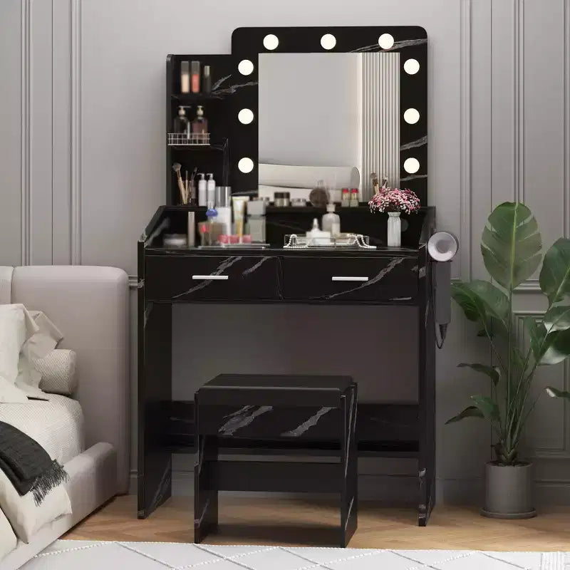 Makeup Vanity with Lights, Vanity Desk with Mirror and Lights Set, Large Drawer and Two-Tier Lots Storage Cabinet, 3 Lighting Modes