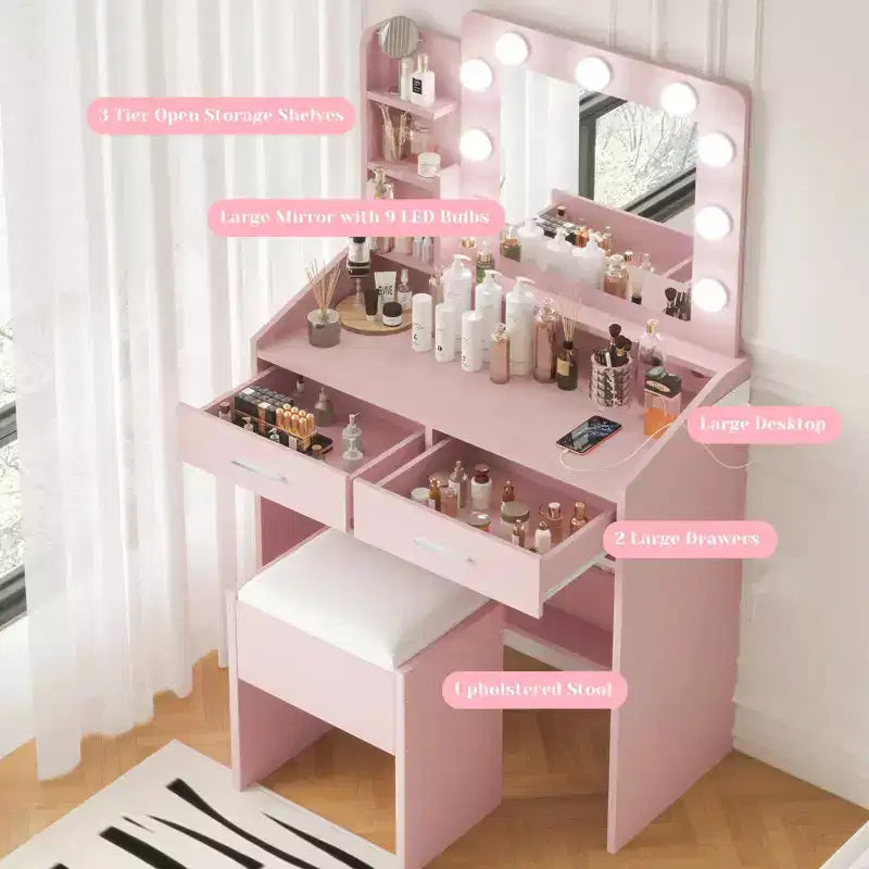 Makeup Vanity with Lights, Vanity Desk with Mirror and Lights Set, Large Drawer and Two-Tier Lots Storage Cabinet, 3 Lighting Modes
