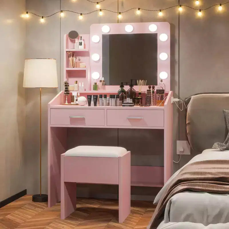 Makeup Vanity with Lights, Vanity Desk with Mirror and Lights Set, Large Drawer and Two-Tier Lots Storage Cabinet, 3 Lighting Modes
