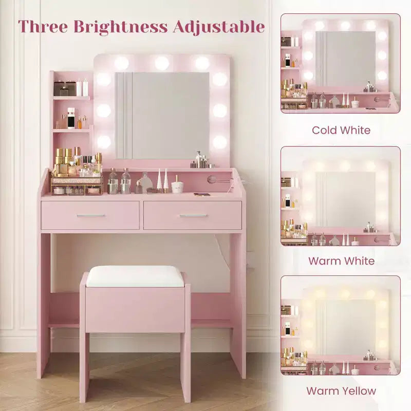 Makeup Vanity with Lights, Vanity Desk with Mirror and Lights Set, Large Drawer and Two-Tier Lots Storage Cabinet, 3 Lighting Modes