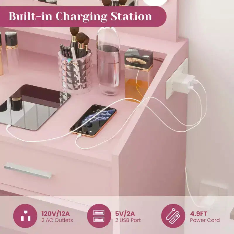 Makeup Vanity with Lights, Vanity Desk with Mirror and Lights Set, Large Drawer and Two-Tier Lots Storage Cabinet, 3 Lighting Modes