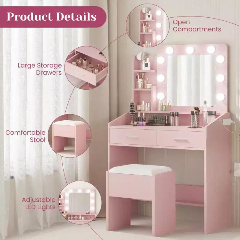 Makeup Vanity with Lights, Vanity Desk with Mirror and Lights Set, Large Drawer and Two-Tier Lots Storage Cabinet, 3 Lighting Modes