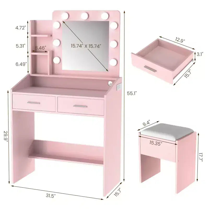 Makeup Vanity with Lights, Vanity Desk with Mirror and Lights Set, Large Drawer and Two-Tier Lots Storage Cabinet, 3 Lighting Modes