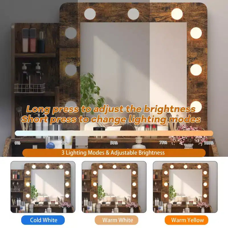 Makeup Vanity with Lights, Vanity Desk with Mirror and Lights Set, Large Drawer and Two-Tier Lots Storage Cabinet, 3 Lighting Modes
